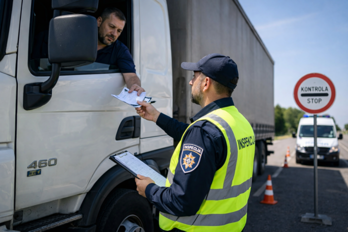 Inspektor provjerava dokumente vozača kamiona tokom kontrole na cesti