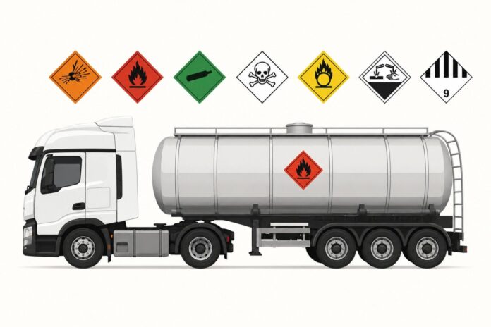 Kamion za ADR transport sa oznakama opasnih materija na prikolici