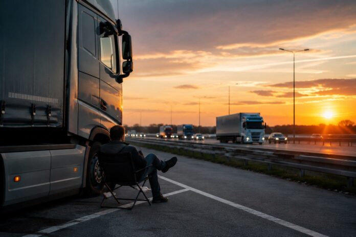 Vozač kamiona odmara pored kamiona tokom zalaska sunca na autoputu