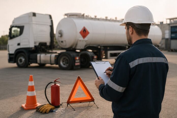 Vozač vrši sigurnosnu provjeru ADR kamiona prije transporta opasnih materija
