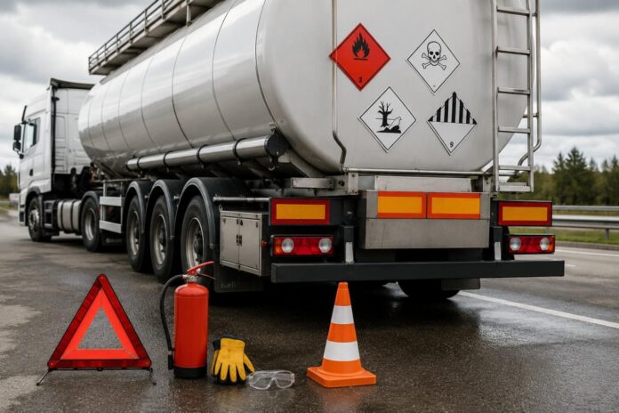 ADR cisterna sa narandžastim tablama i oznakama opasnih materija na putu