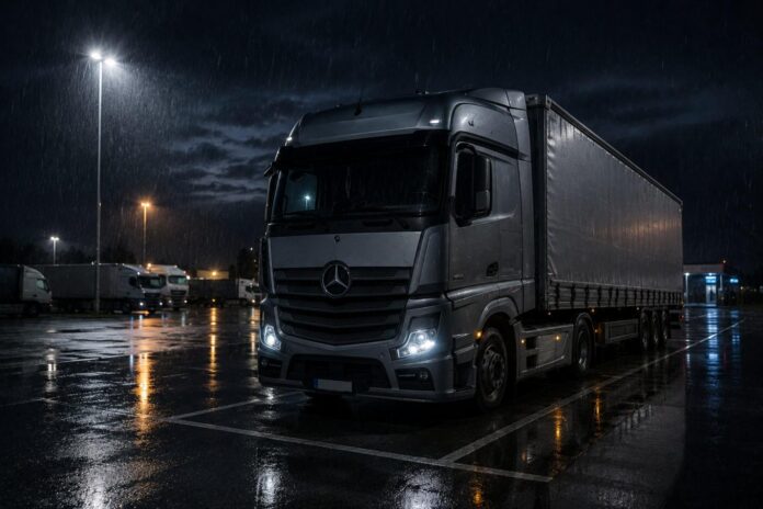 Mercedes kamion parkiran na noćnom parkingu tokom sedmičnog odmora vozača po kiši